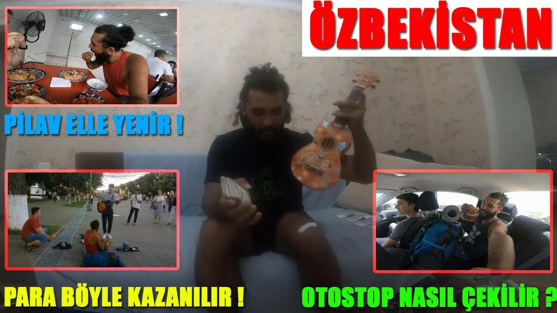 Taşkent'te ukulele çalarak para kazanan gezgin ve Özbekistan'da pilav yiyen yerel halk.